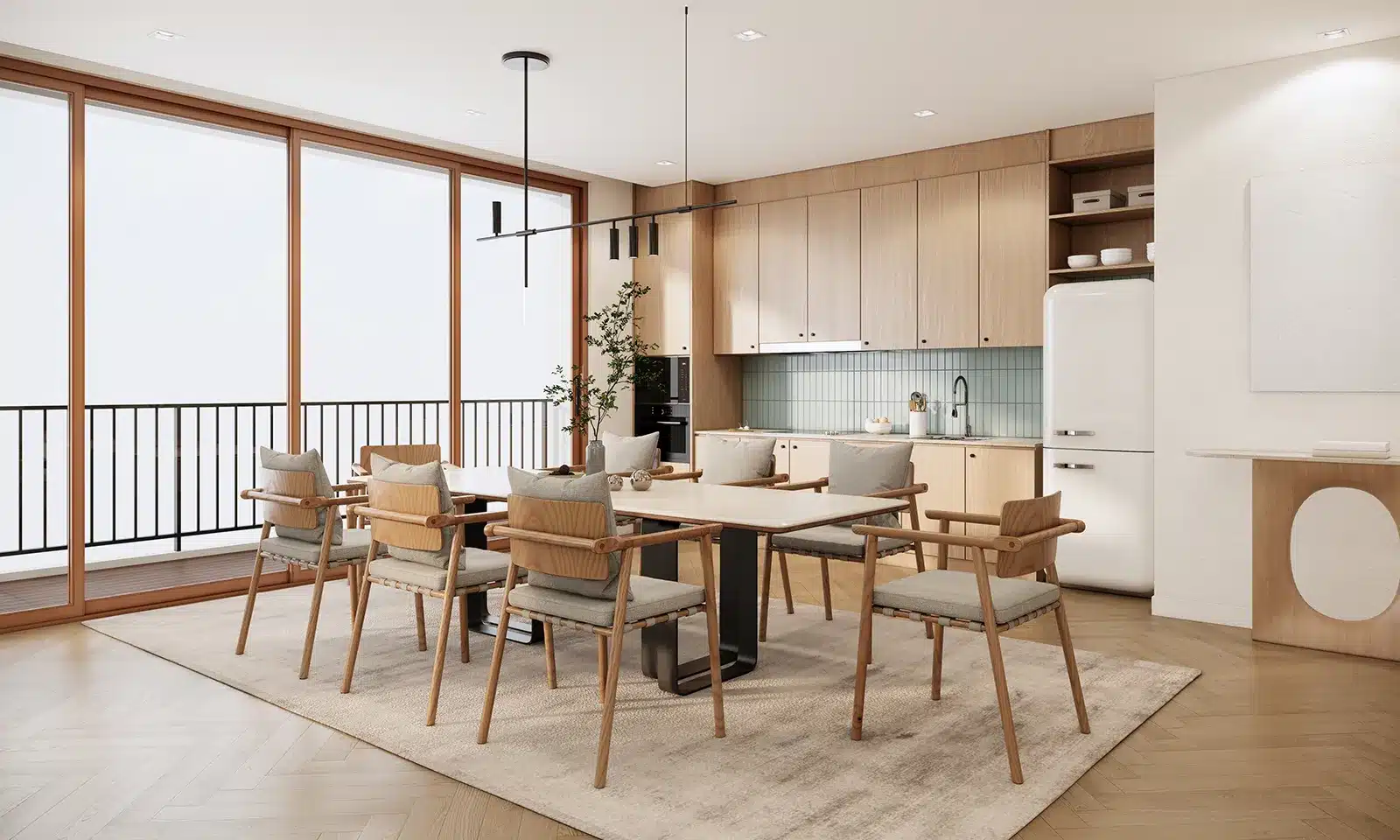 A well-lit kitchen and dining space with color-coordinated design elements, featuring natural wood tones and subtle pastel accents.
