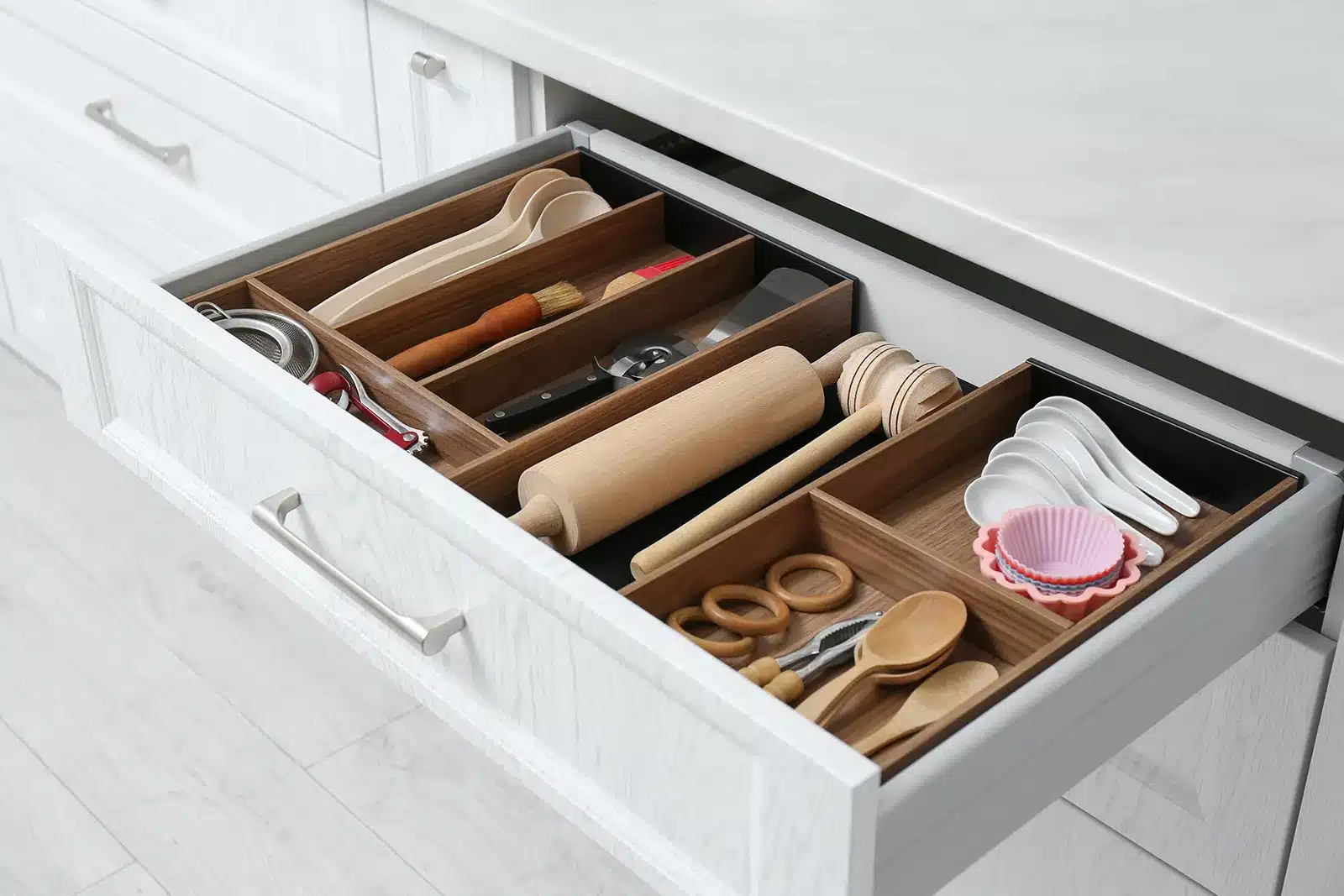 An open kitchen drawer featuring custom wooden dividers that neatly organize cooking utensils and baking tools at an accessible angle.