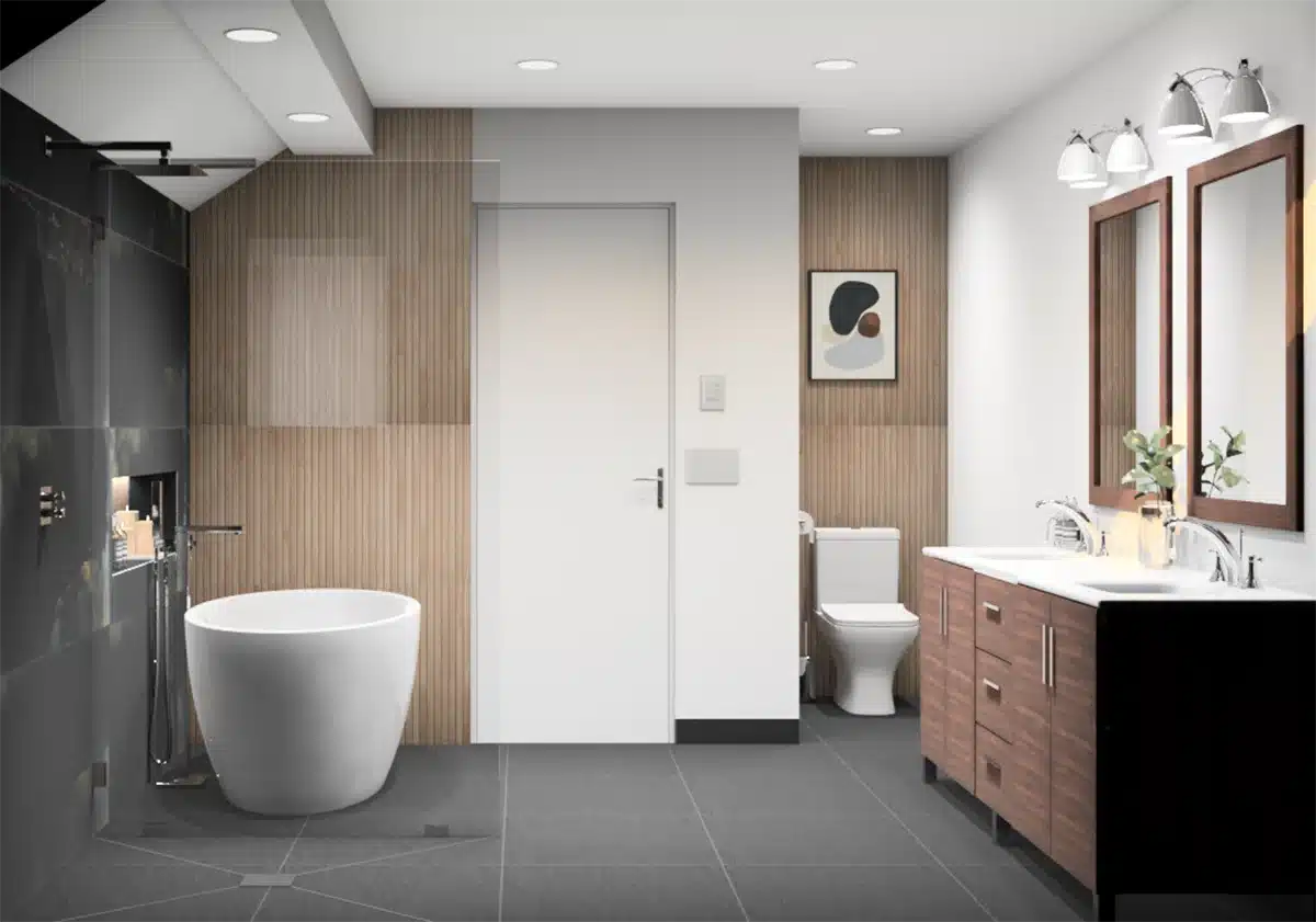 Spacious bathroom, in black bathroom desighn, with freestanding tub, wood paneling, and double sink vanity with chic overhead lighting.