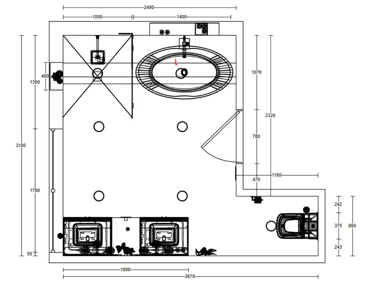 Technical floor plan of a bathroom layout with labeled dimensions, including a bathtub, shower, and vanity.