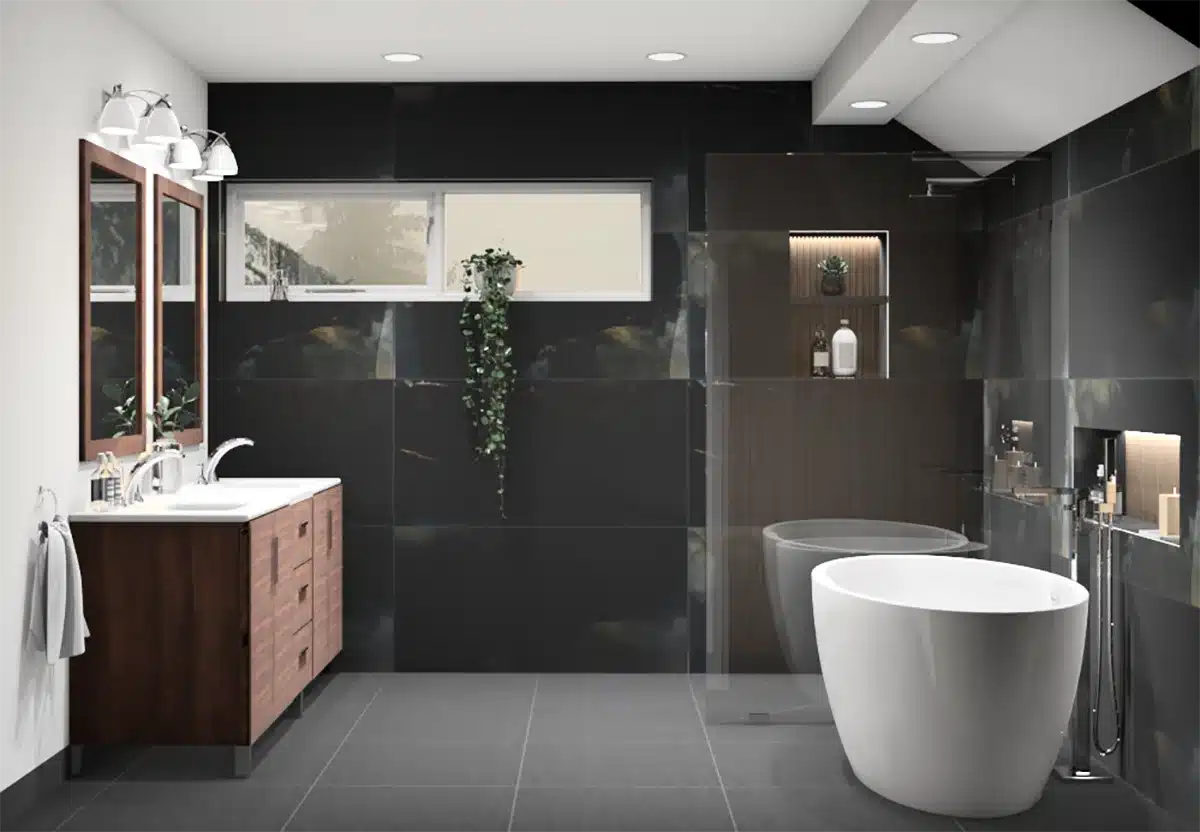 Elegant bathroom, black bathroom design, with a white standalone bathtub, dark marble walls, and wooden vanity under stylish pendant lights.