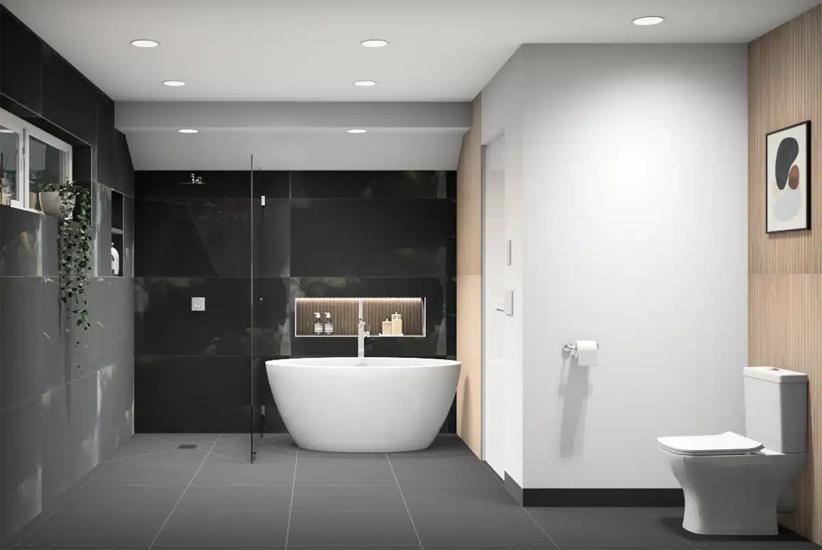 Chic minimalist bathroom with a freestanding white bathtub, black shower area, and wood accent wall with modern art.