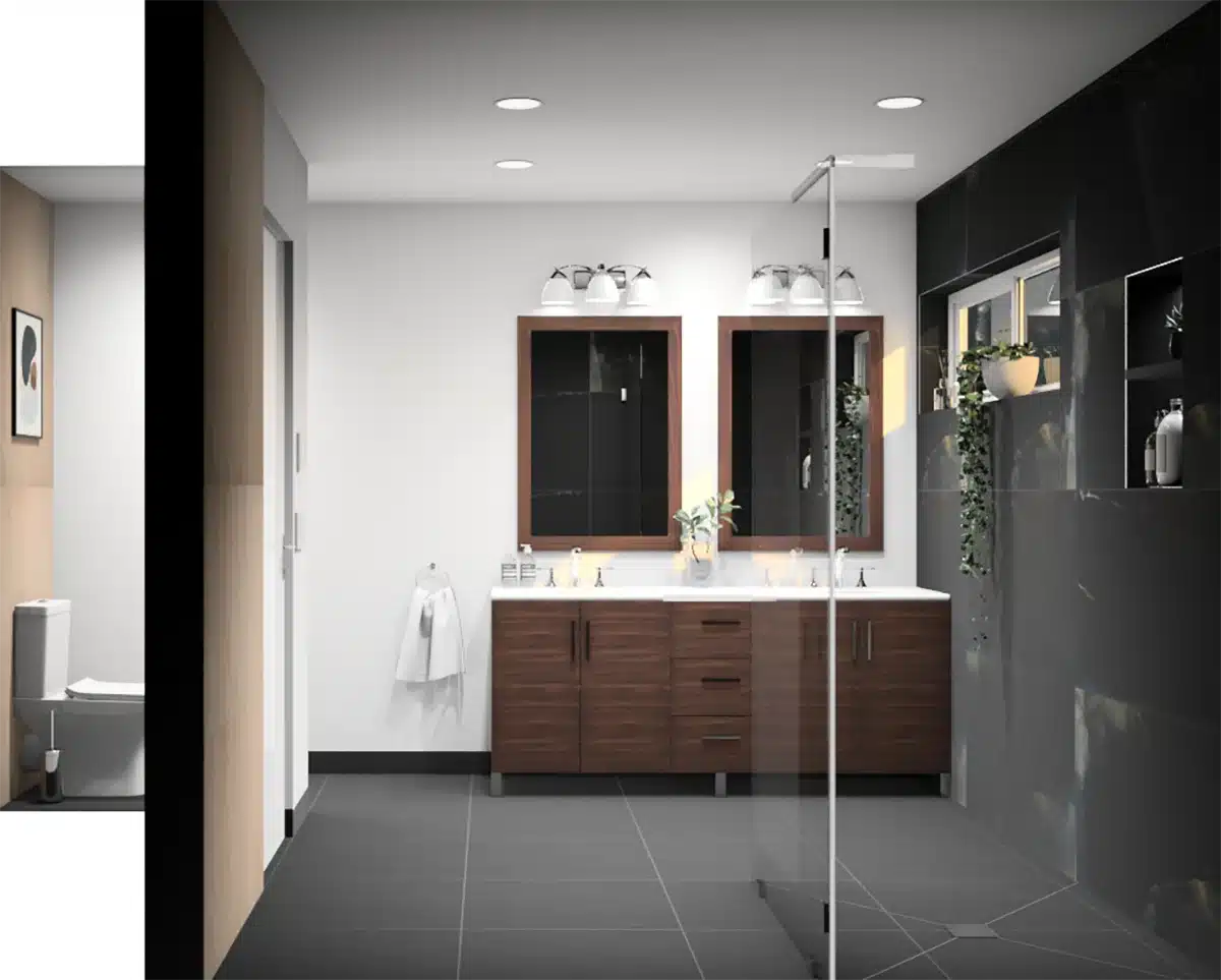 Modern bathroom, black bathroom design, with contrasting dark tiles and wooden vanity, twin mirrors, and wall-mounted faucets.