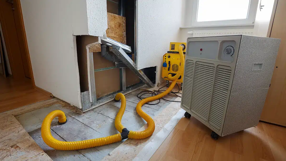 Professional water damage restoration equipment with a dehumidifier and air mover in a damaged room.