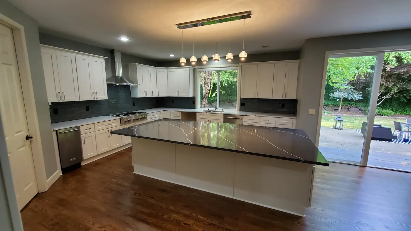 - project image Completed open-concept Redmond kitchen remodel with white shaker cabinets