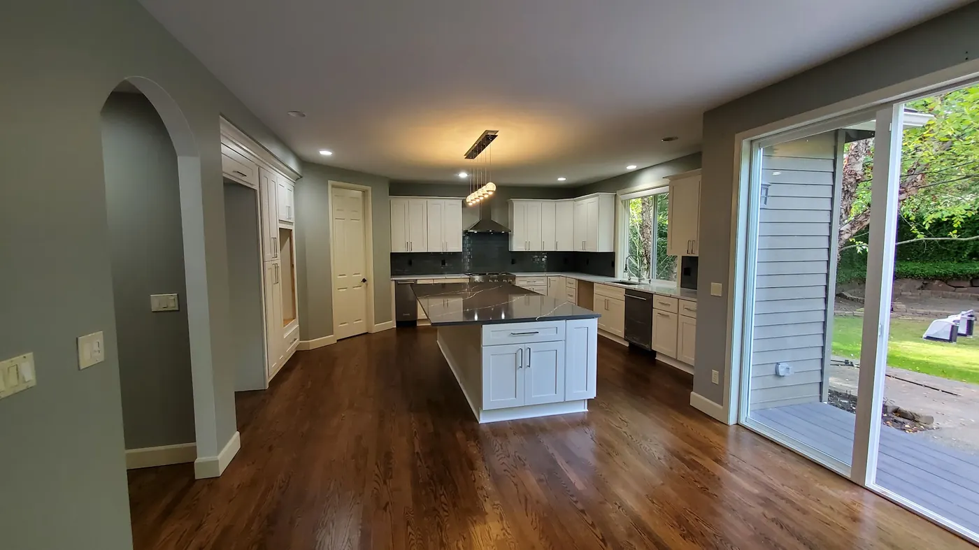 - project image Wide finished view of the completed Redmond kitchen remodel and central island