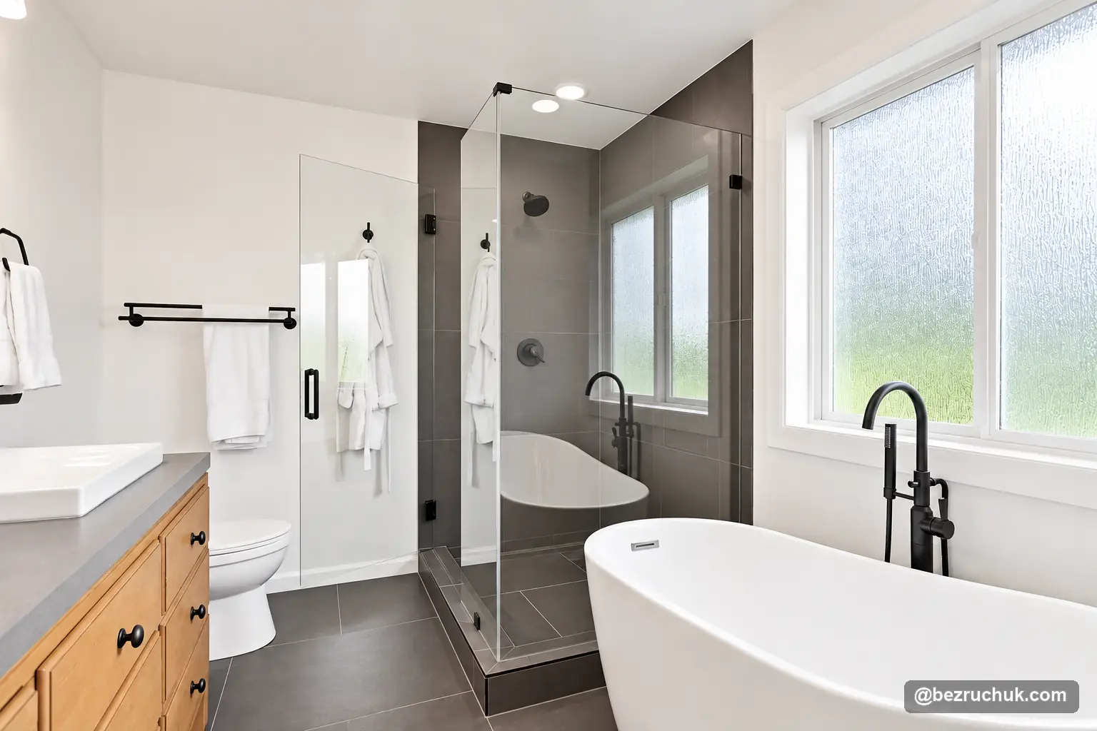 Completed bathroom water damage repair in Gem Heights with a freestanding tub, gray tile and glass shower