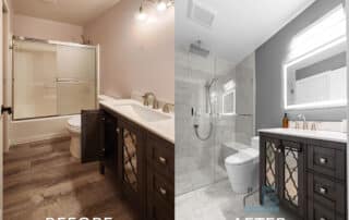 Before and after picture of a curbless shower transformation