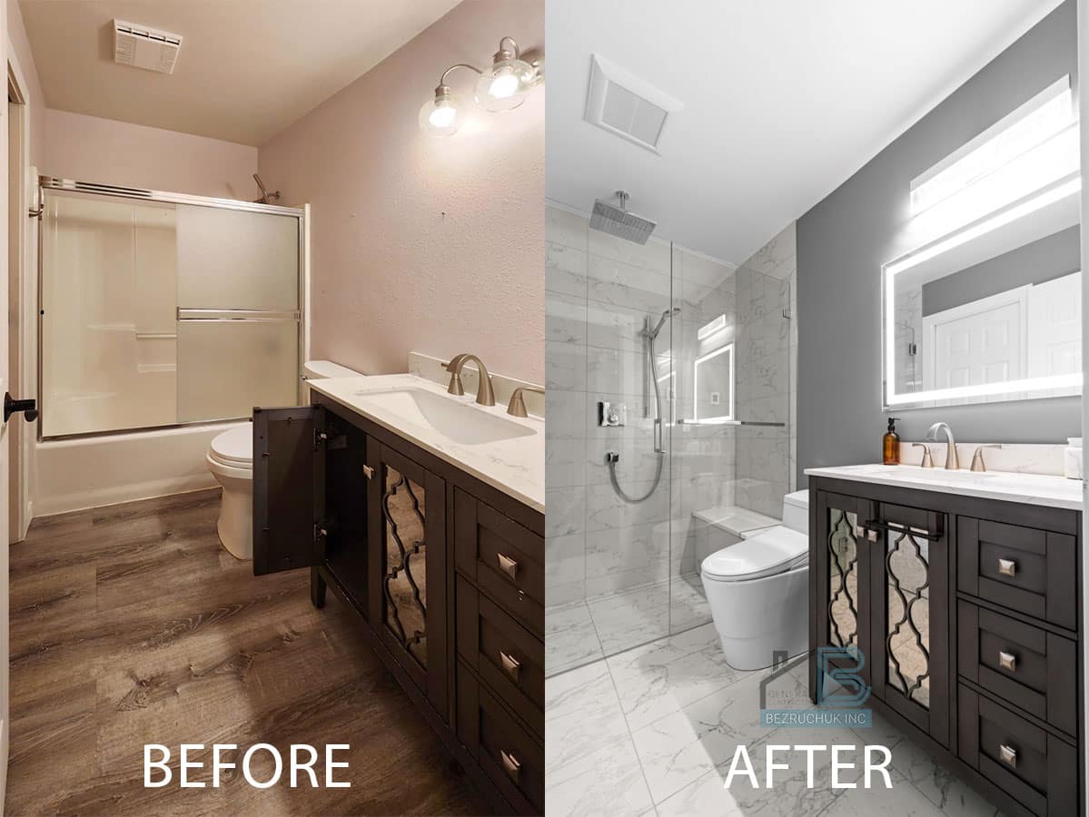 Before and after picture of a curbless shower transformation