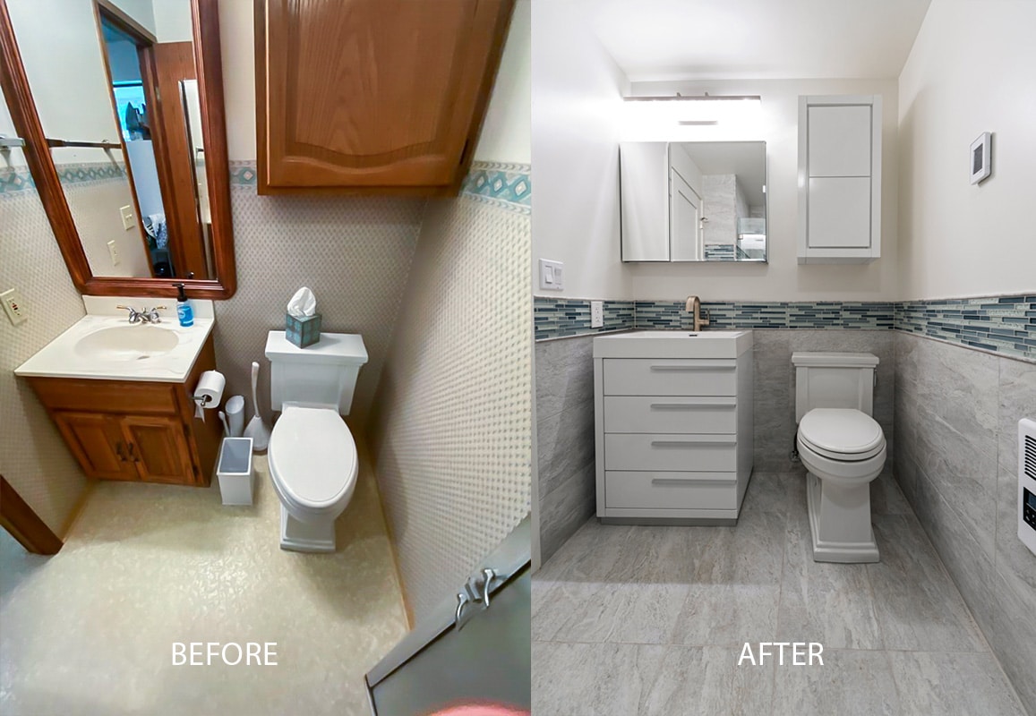 before after tiny bathroom renovation storage space
