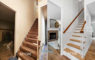 Staircase with plain white walls before board and batten treatment." For the "after" image, you might use "Staircase with board and batten walls and updated railing."