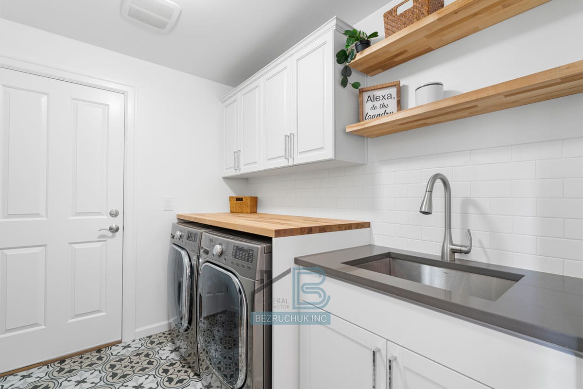 Laundry with a butcher block counter in home renovation
