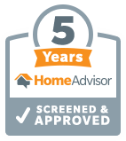 Badge indicating 5 Years with HomeAdvisor, featuring the company logo and 'Screened & Approved' checkmark.