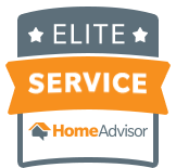 HomeAdvisor Elite Service badge with two stars and an orange ribbon.