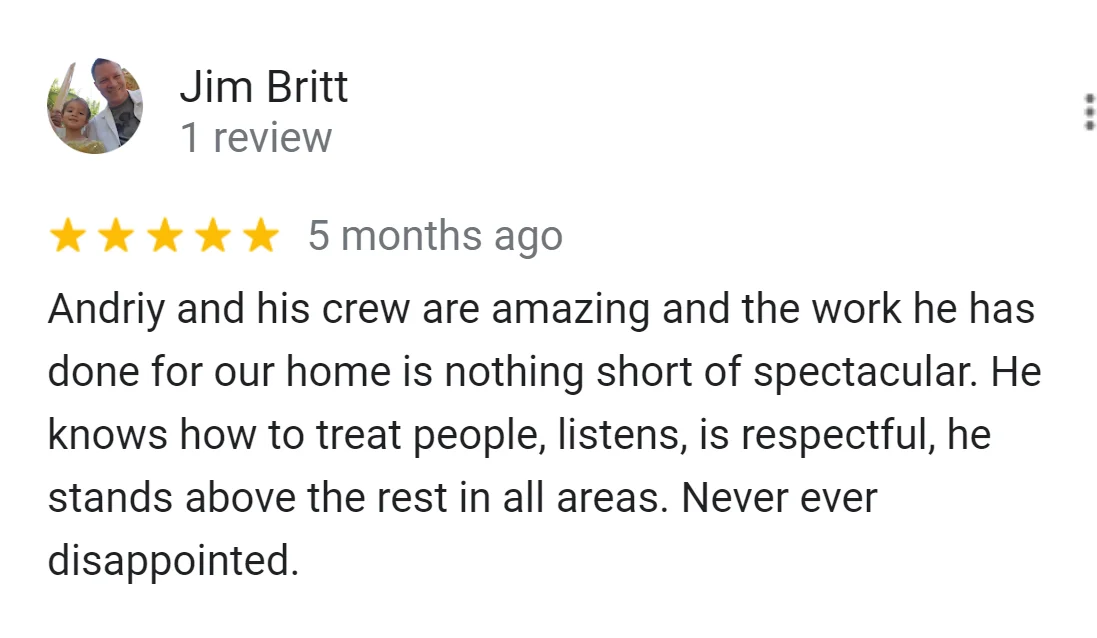 Review by Jim Britt praising BEZRUCHUK INC for exceptional home services and customer care, highlighting professionalism and quality.