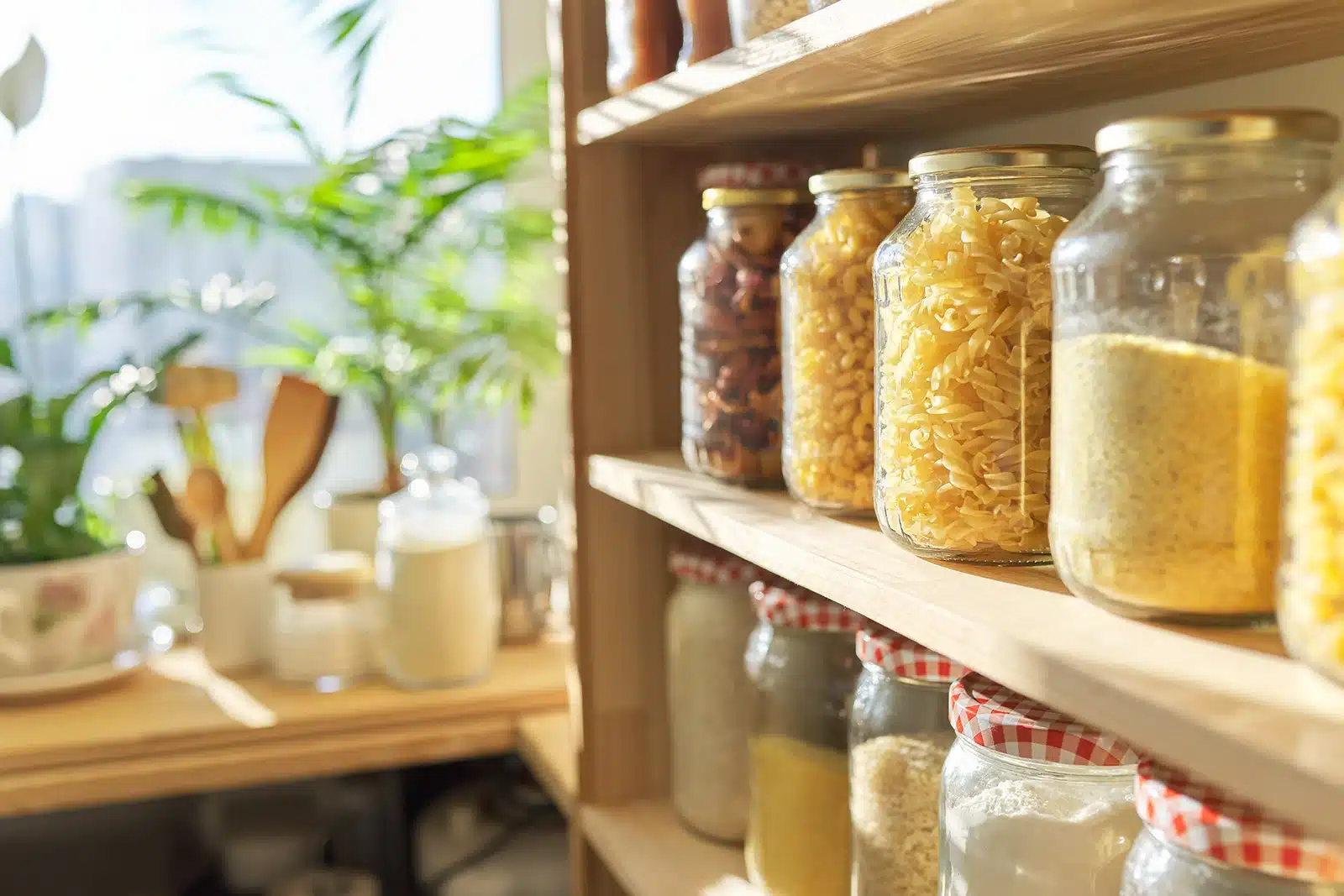 Wooden pantry shelves lined with clear glass jars filled with various grains and pasta, providing an organized and aesthetically pleasing food storage solution. Title: Organized Pantry with Visible Grain Storage