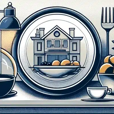 Conceptual illustration of a house on a plate, surrounded by kitchen utensils, merging home and culinary themes