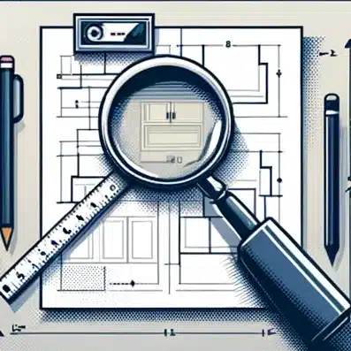 An illustration of a hand holding a magnifying glass over a detailed architectural blueprint.