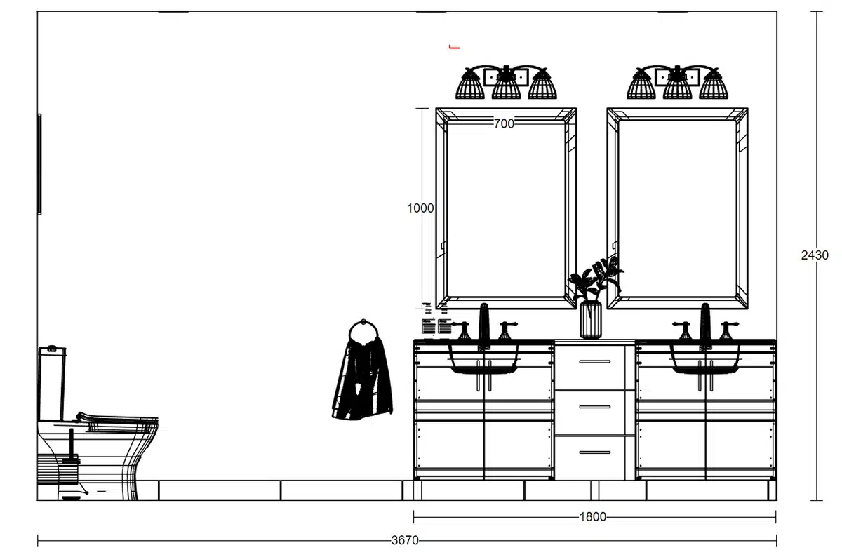 Architectural drawing of a bathroom side view showing a double vanity with mirrors and lighting fixtures.