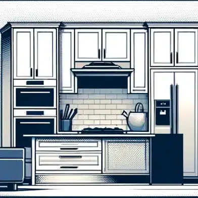 Detailed graphic of a modern kitchen interior design, showcasing cabinetry, appliances, and layout.