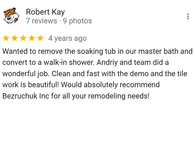 Robert Kay's 5-star review for a bathroom remodel.