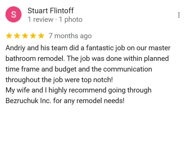 Stuart Flintoff's 5-star review for a master bathroom remodel.