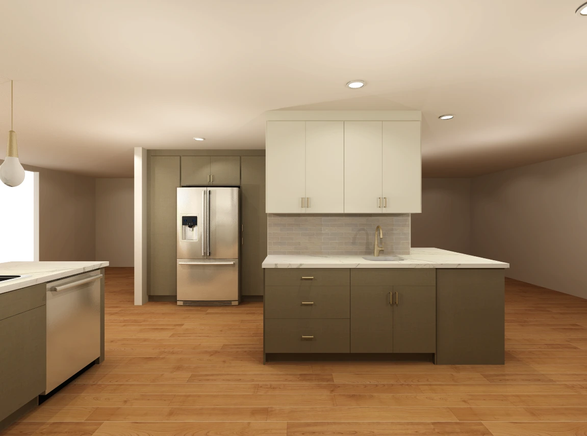 Bellevue kitchen cabinet design rendering from the peninsula side