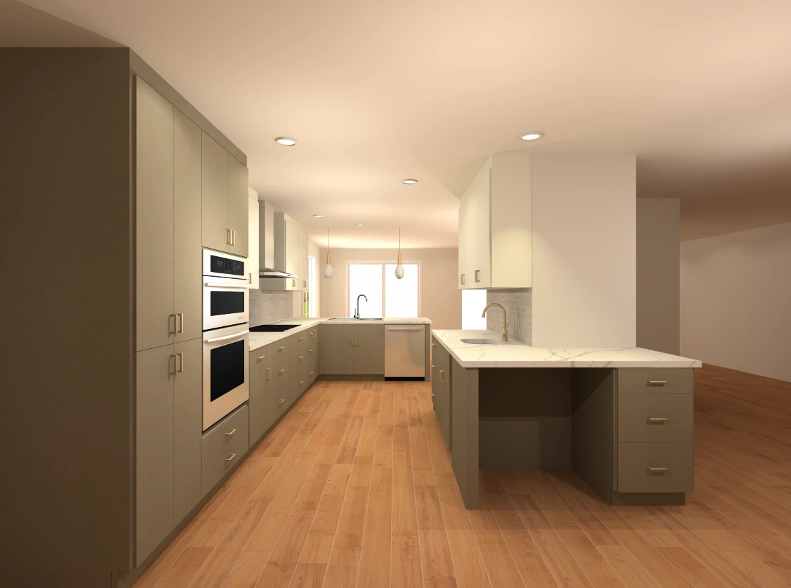 Bellevue kitchen cabinet design rendering showing the island view