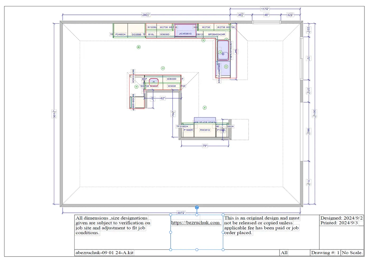 Approved cabinet layout plan for the kitchen remodel in Bellevue, WA