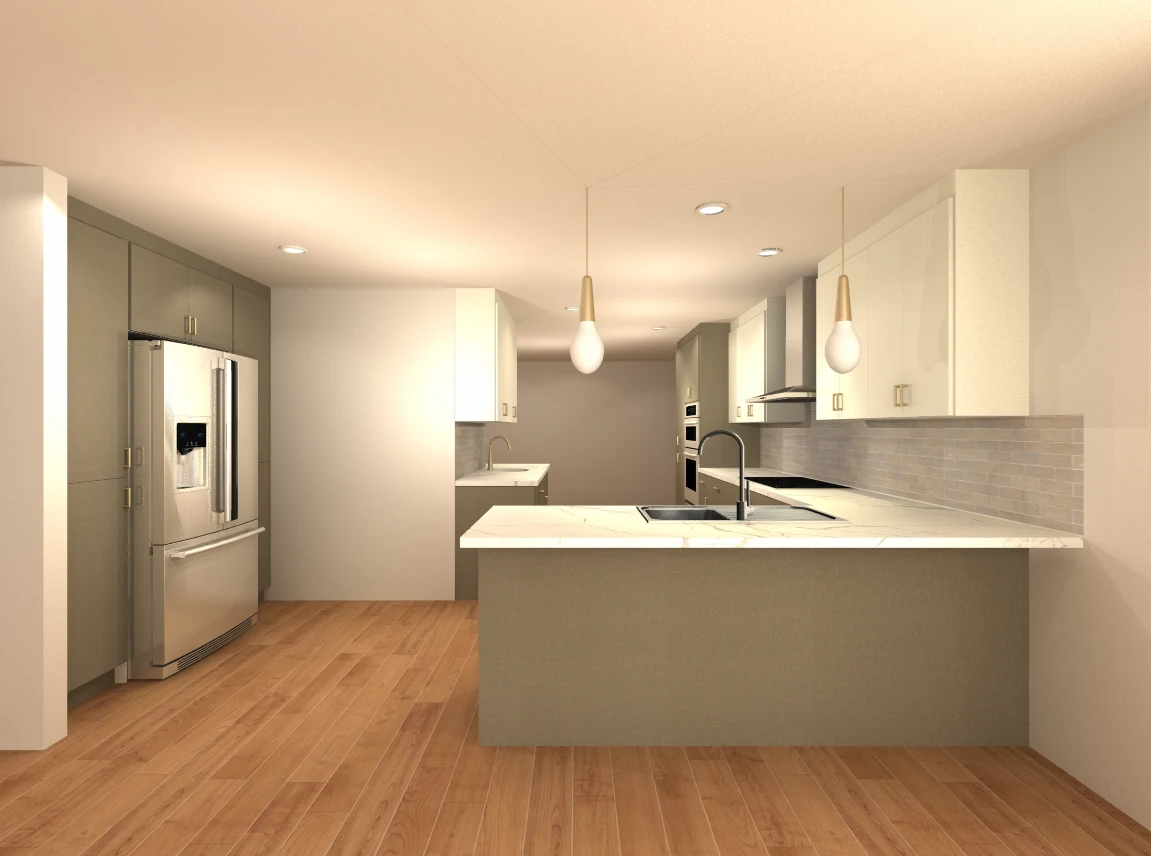 Open-concept layout rendering for the Bellevue kitchen remodel