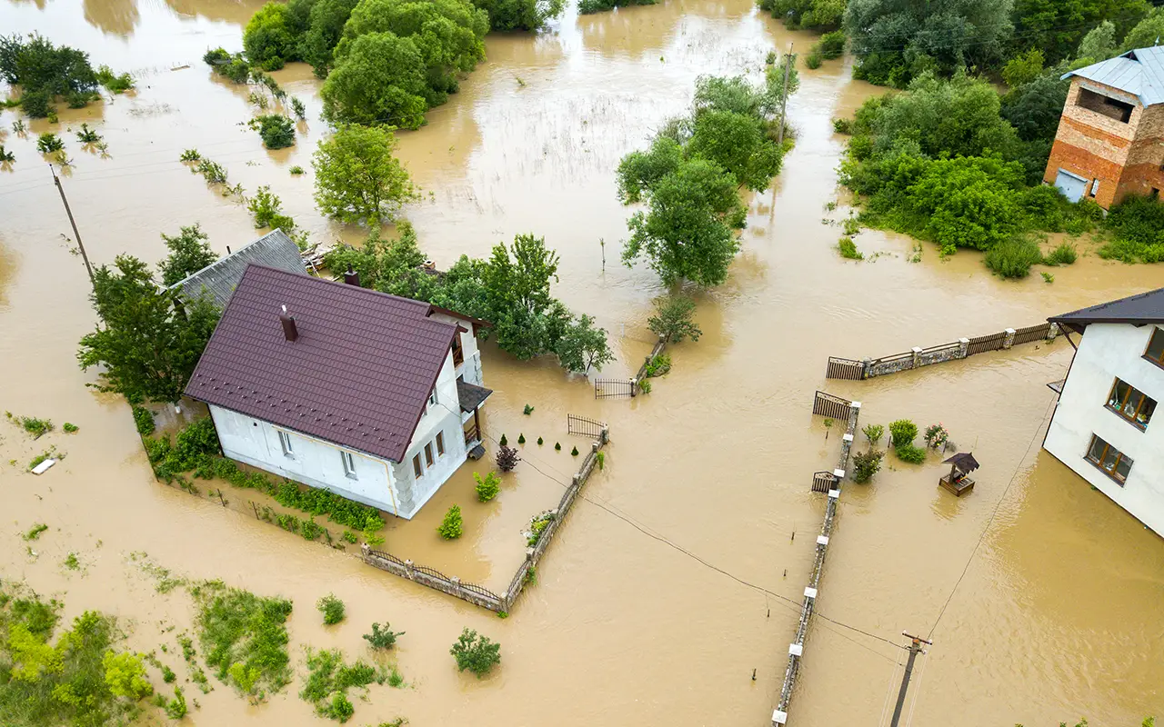 Pierce County Home Flooding Aerial View Puyallup flooding damage near residential areas