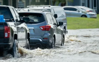 - project image Vehicles driving through deep floodwater during flooding in Orting and Puyallup areas