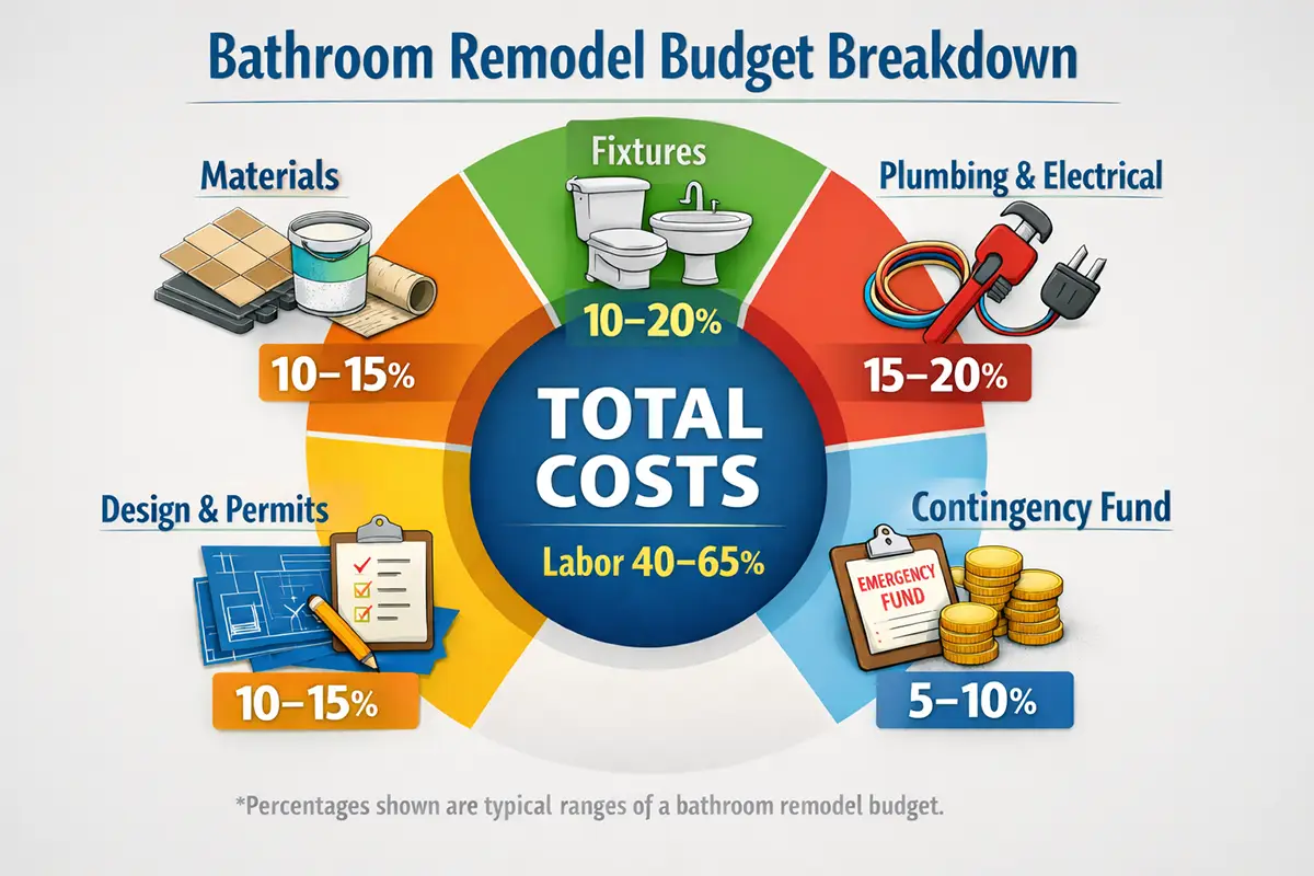 - project image Bathroom remodel budget breakdown infographic showing cost percentages for labor, materials, fixtures, plumbing, and contingency