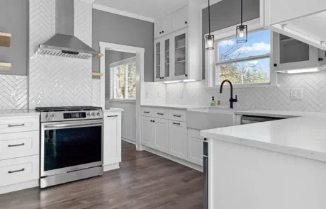 Krafters Land Cabinetry Kitchen Detail in Edgewood WA Krafters Land Cabinetry kitchen remodel with herringbone tile backsplash