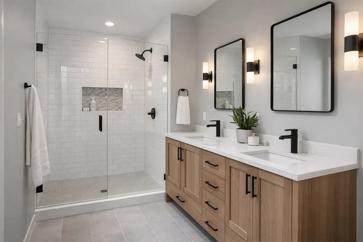 - project image Mid-range bathroom remodel featuring a walk-in shower, modern vanity, and finishes commonly included in a realistic bathroom remodel budget