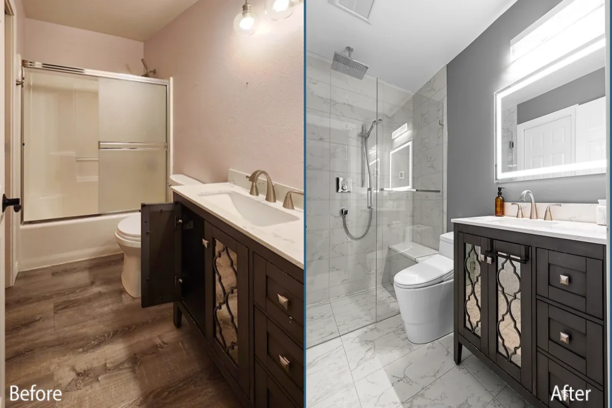 small bathroom remodel in North Canton Ohio before and after renovation with modern shower and vanity