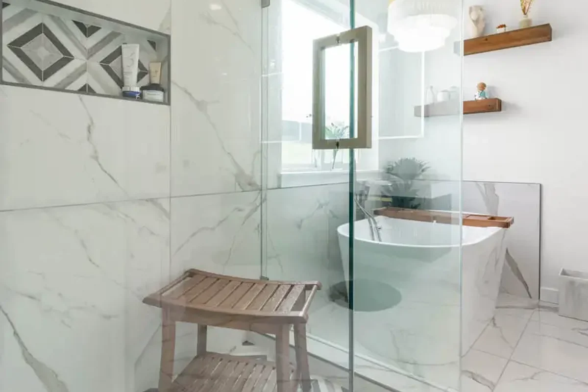 Walk In Shower Remodel Federal Way WA Walk in shower remodel Federal Way WA with bench tile floor and safer entry design