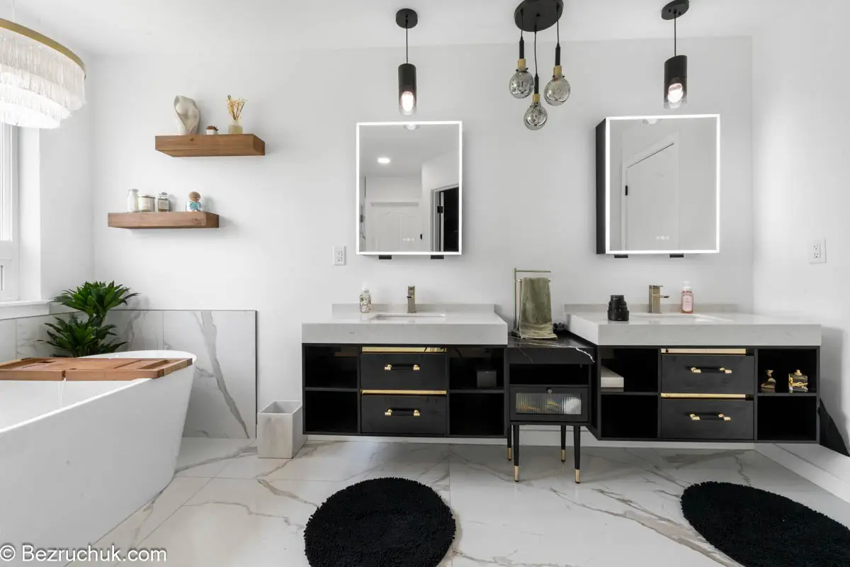 Rocky River bathroom remodel portfolio example with modern double vanity design