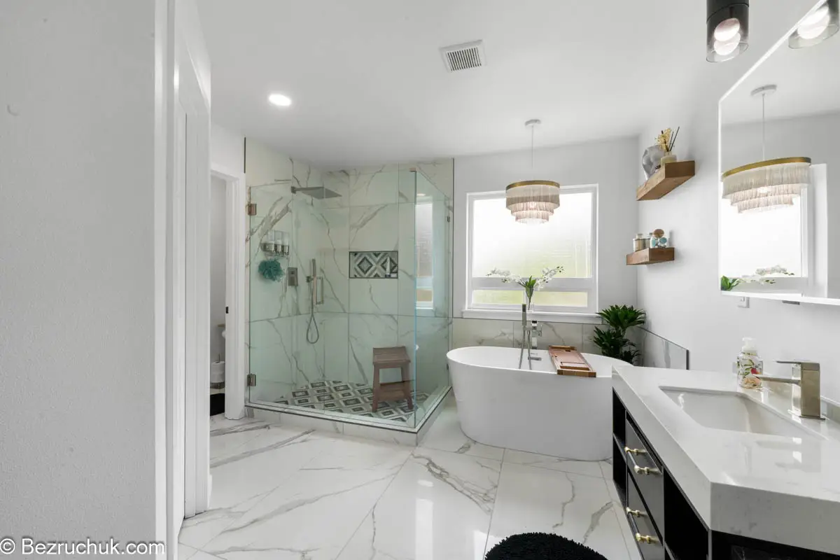 Rocky River bathroom remodeling portfolio example with open primary bathroom layout