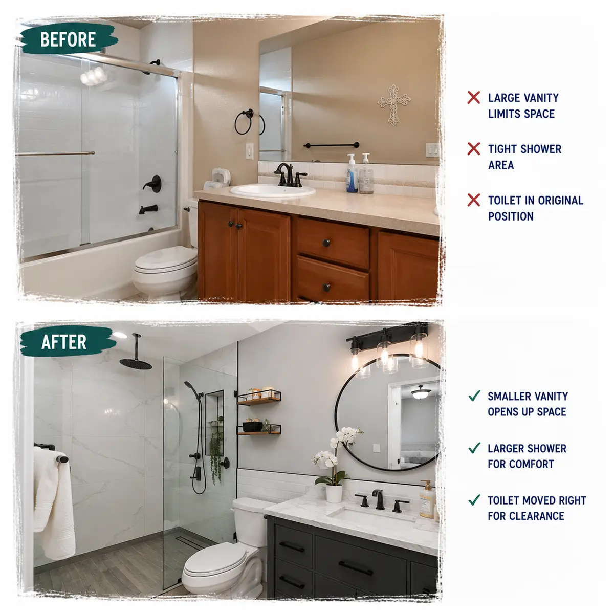 - project image Before and after tub to shower conversion layout change showing smaller vanity larger walk-in shower and improved toilet clearance