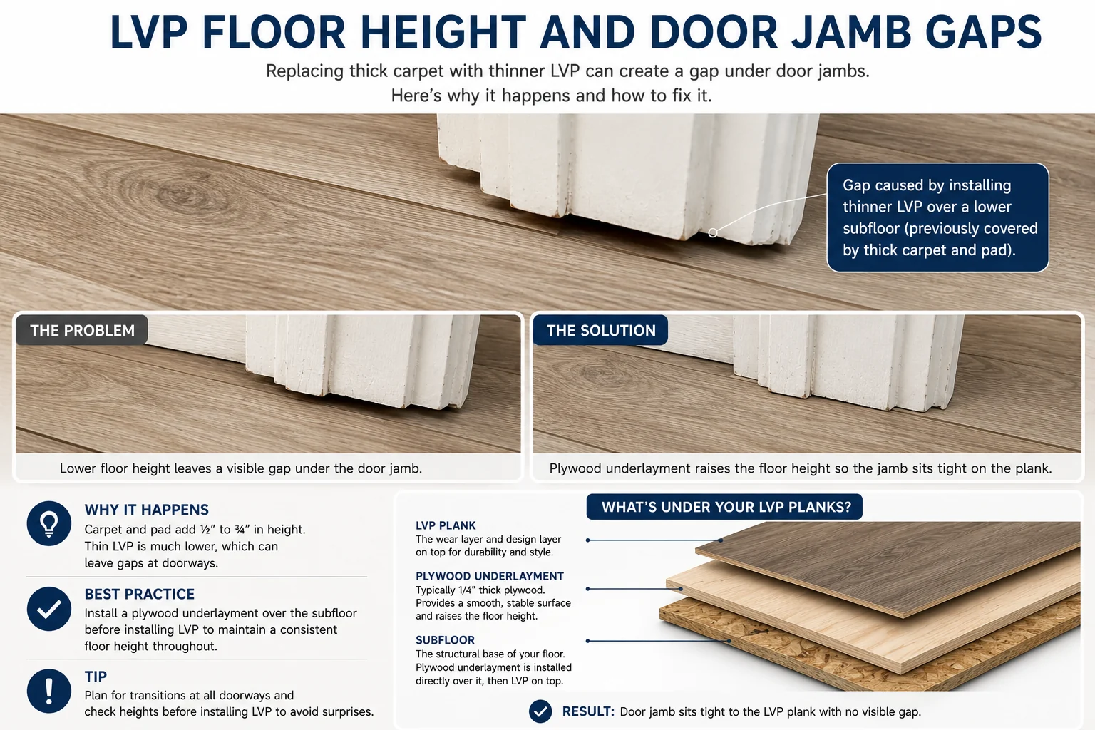 Diagram showing an LVP floor-height gap beneath a door jamb and a plywood underlayment solution.