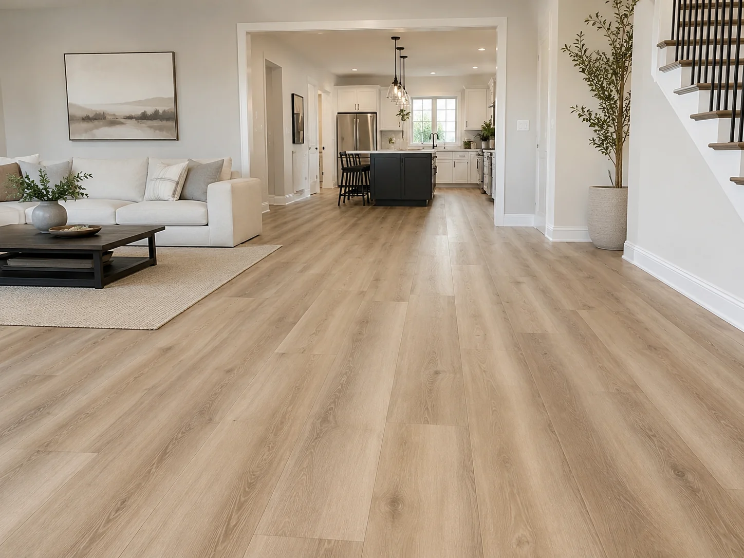 Completed open-plan home featured in an LVP flooring installation cost guide, with continuous luxury vinyl plank flooring and finished baseboards.