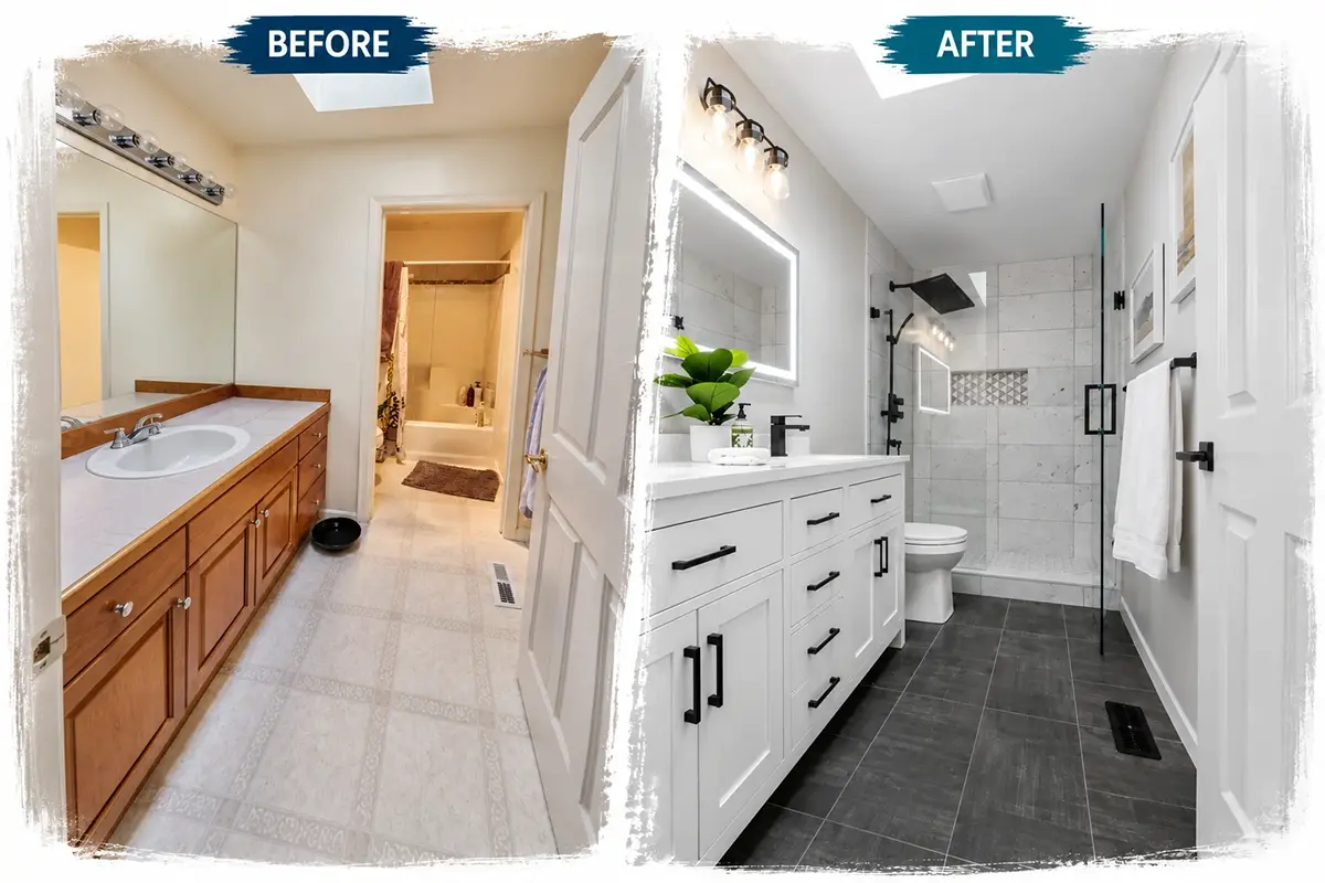 - project image Before and after tub to shower conversion Canton Ohio with old bathtub replaced by walk-in tile shower and updated vanity