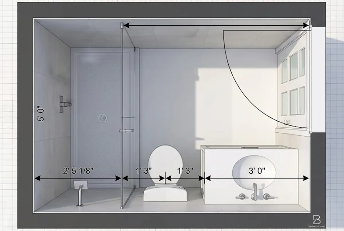 - project image Tub to shower conversions bathroom measurements layout showing shower width, toilet clearance, vanity size, and door swing