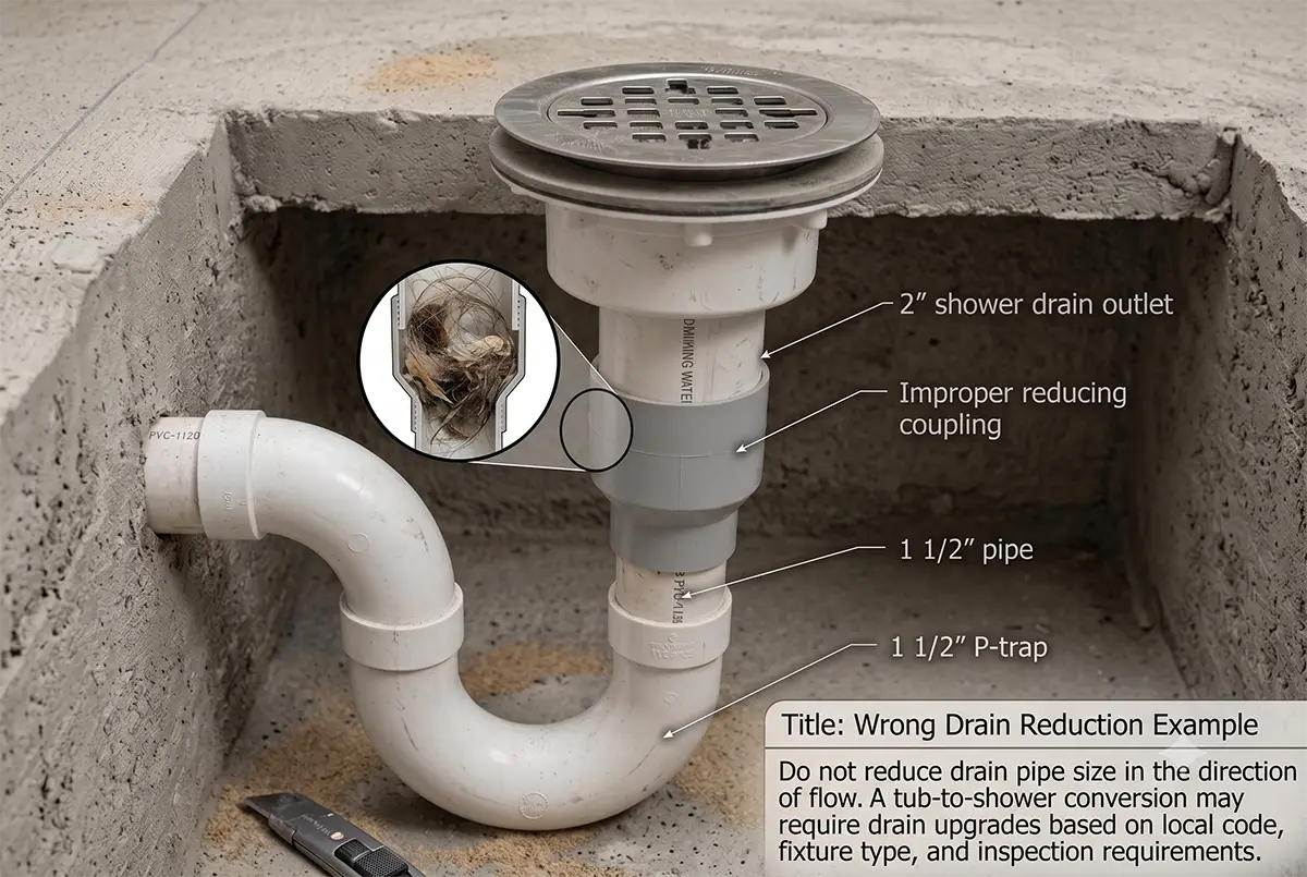 - project image Tub to shower conversions drain size mistake showing 2 inch shower drain reduced to 1 1/2 inch pipe and P-trap