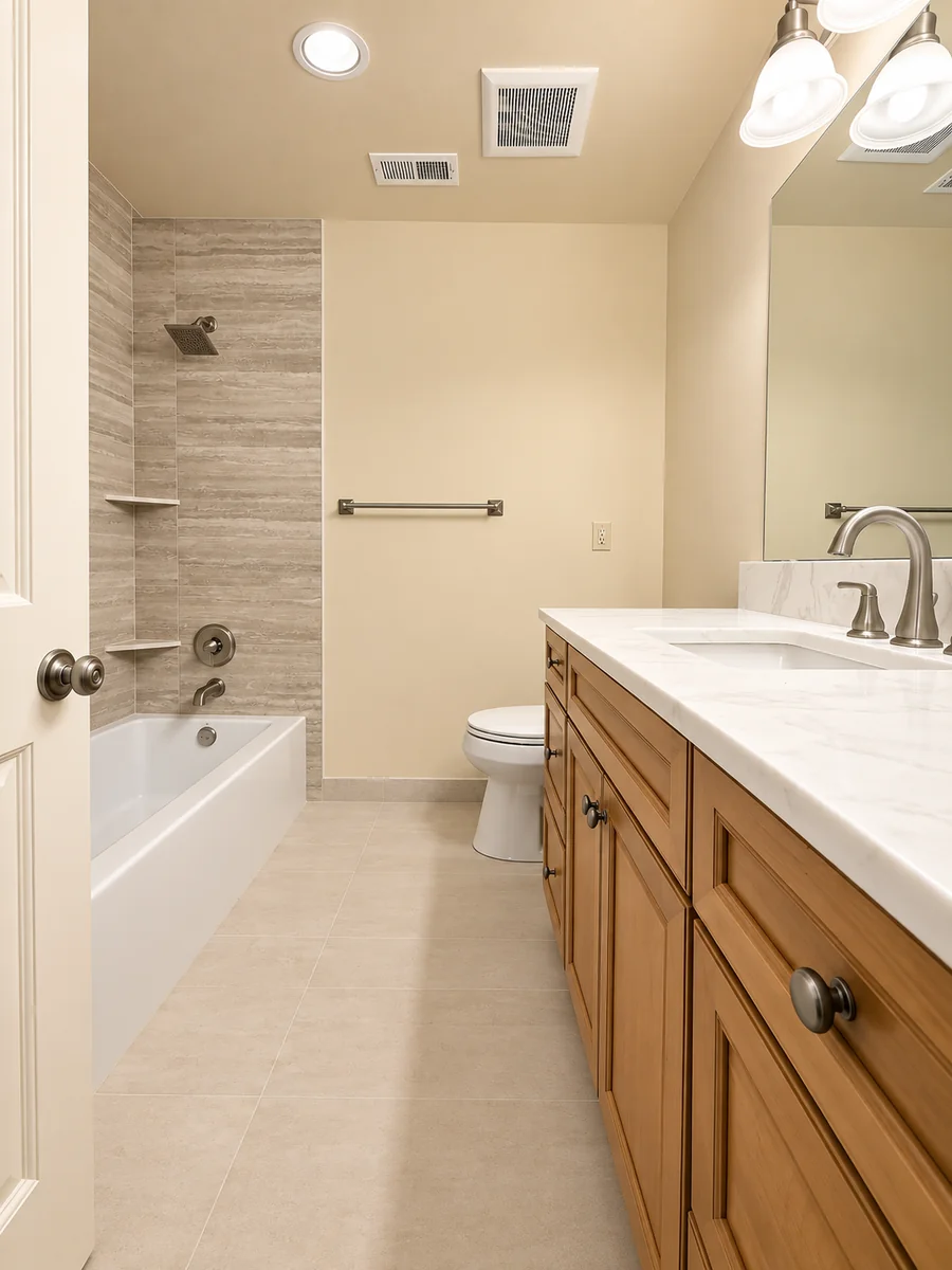 - project image Bathroom restoration in Bellevue with retained wood vanity, new quartz countertop and tiled bathtub alcove