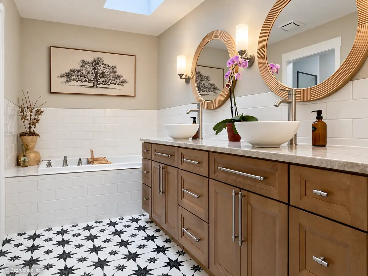 Double vanity and bathtub with white subway tile in the Northeast Tacoma and Federal Way area.