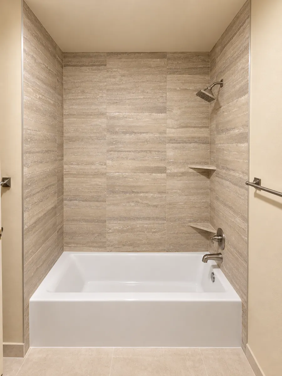 - project image Restored white bathtub with beige tiled alcove and a corner shelf in Bellevue