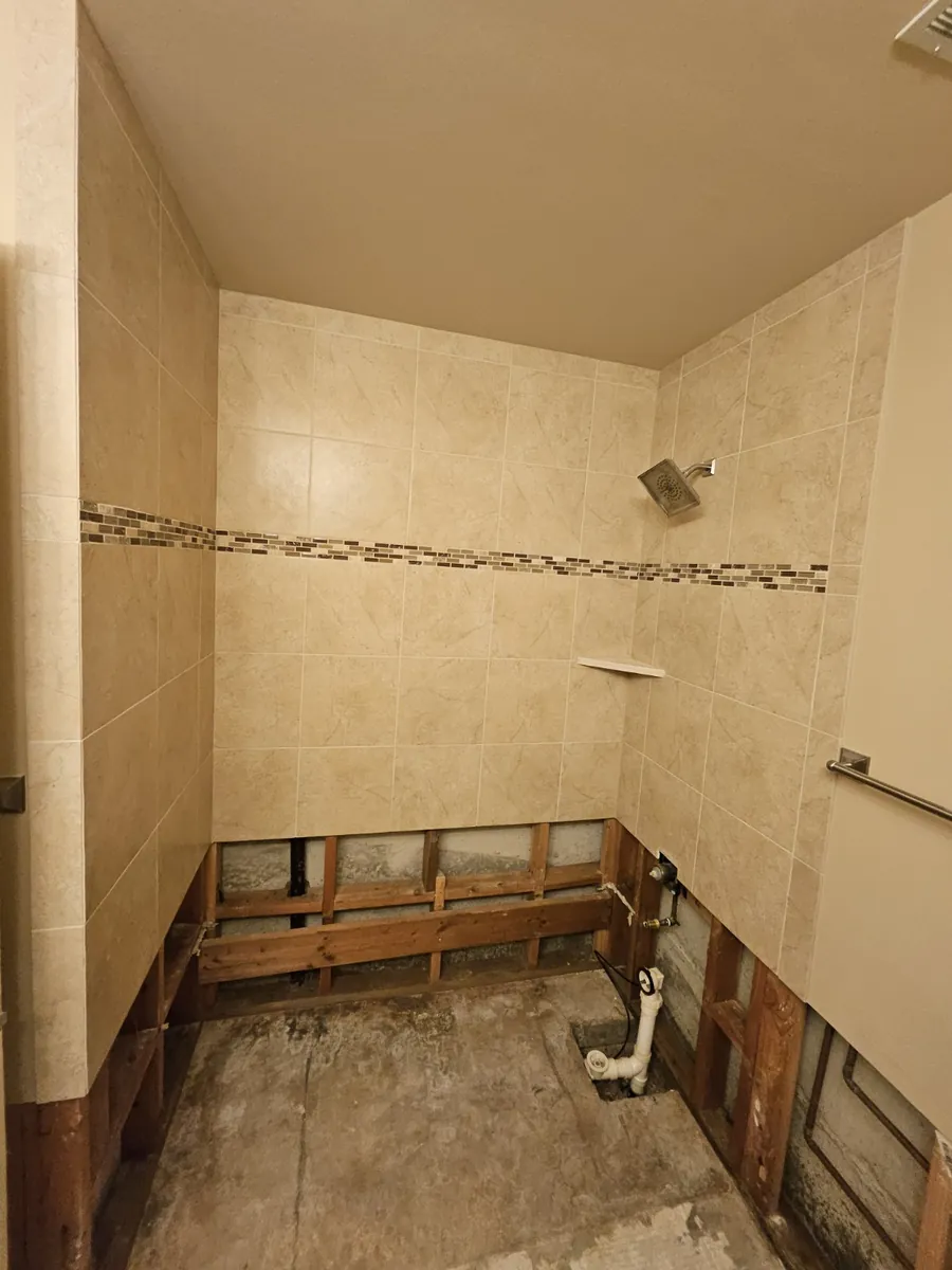 - project image Bellevue bathroom tub alcove after mitigation with the bathtub removed and lower wall framing exposed
