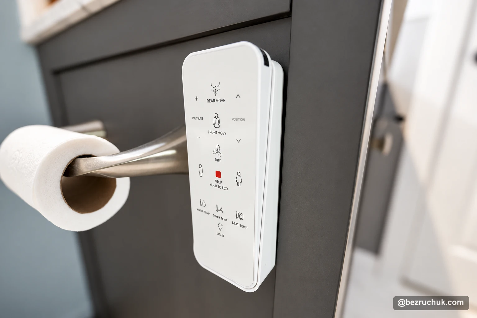 - project image Woodbridge bidet toilet remote mounted beside the toilet-paper holder